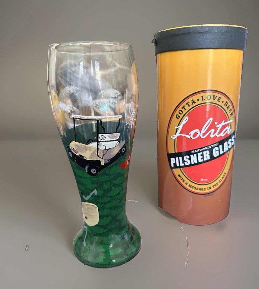 NEW! Lolita Pilsner Beer Glass 19th HOLE Kick One Back With box Golf Cart Clubs